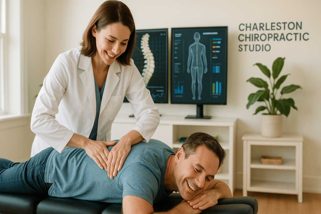 Chiropractor performing spinal adjustment in Charleston, SC, improving pain relief and mobility