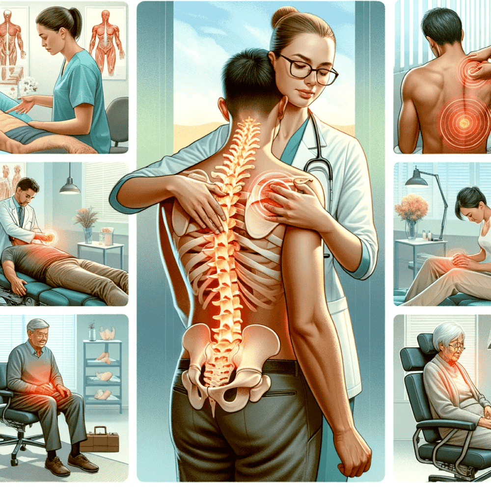 "Diverse group of individuals of different ages experiencing pain relief through chiropractic care.