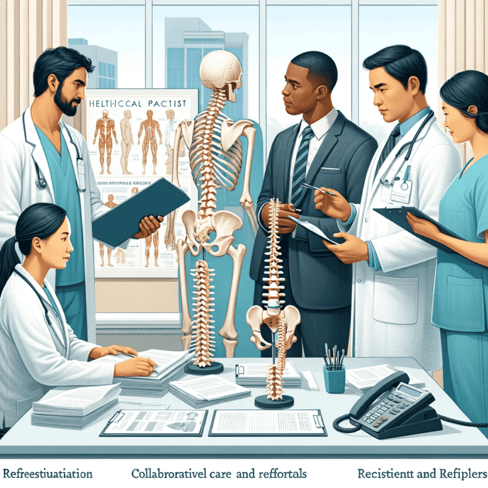 Chiropractor discussing patient care with a healthcare professional for a collaborative treatment approach