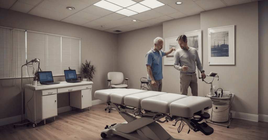 A healthcare professional evaluating a patient's condition, determining the appropriateness of chiropractic care