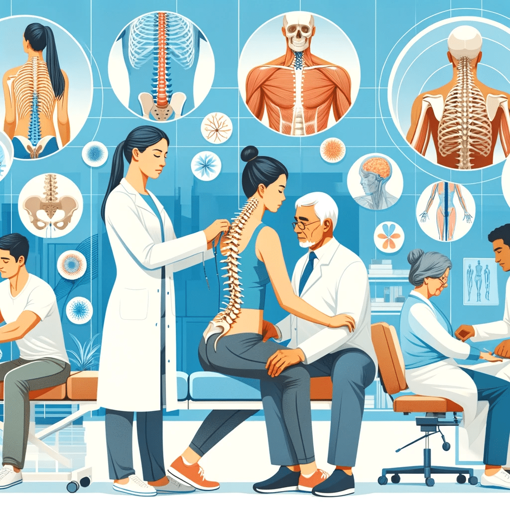 Chiropractor demonstrating a pain management technique on a patient