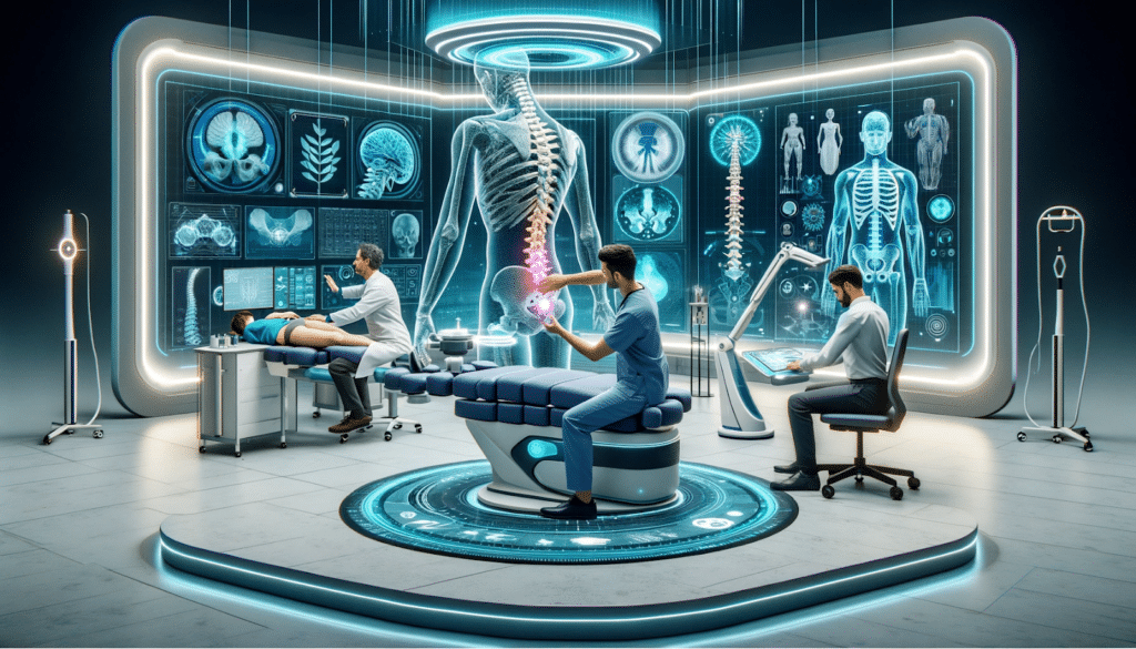 Conceptual illustration of futuristic chiropractic care for back pain management.