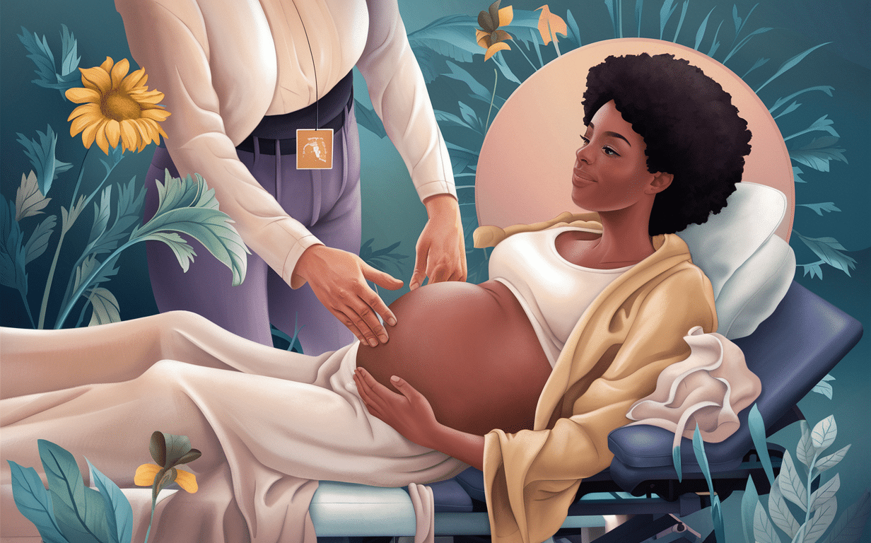An illustration depicting a pregnant woman receiving chiropractic care from a practitioner in a serene, spa-like environment with plants and calming decor.