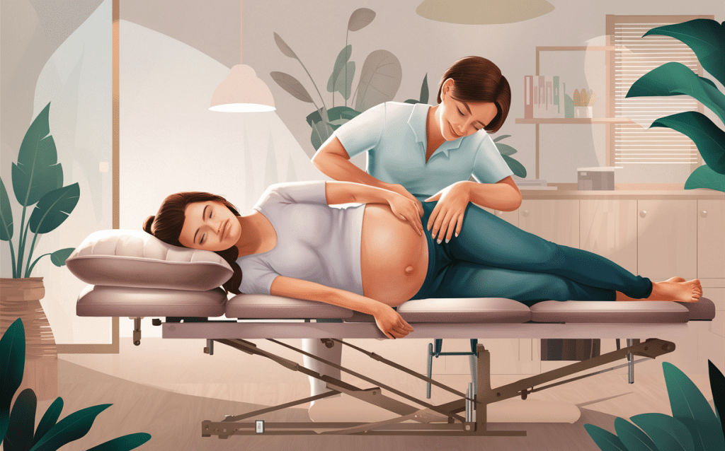 An illustration of a pregnant woman lying on a chiropractic adjustment table, surrounded by plants and a calming interior design