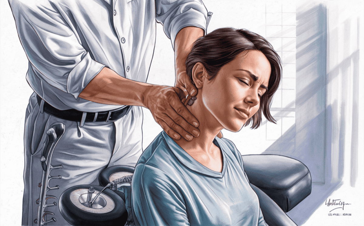 A chiropractor performing a gentle neck adjustment on a patient to provide relief from neck pain and headaches