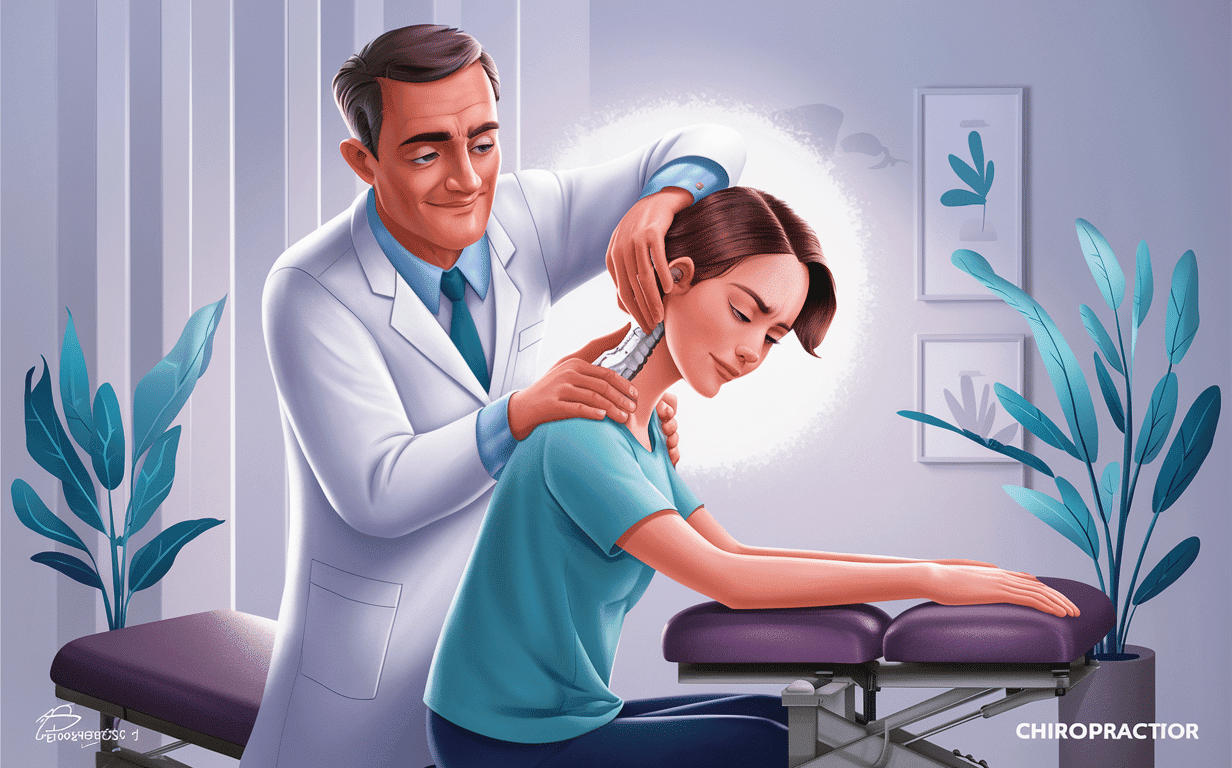 An illustration of a chiropractor gently adjusting the neck of a patient lying on a treatment table, surrounded by plants and a serene environment.