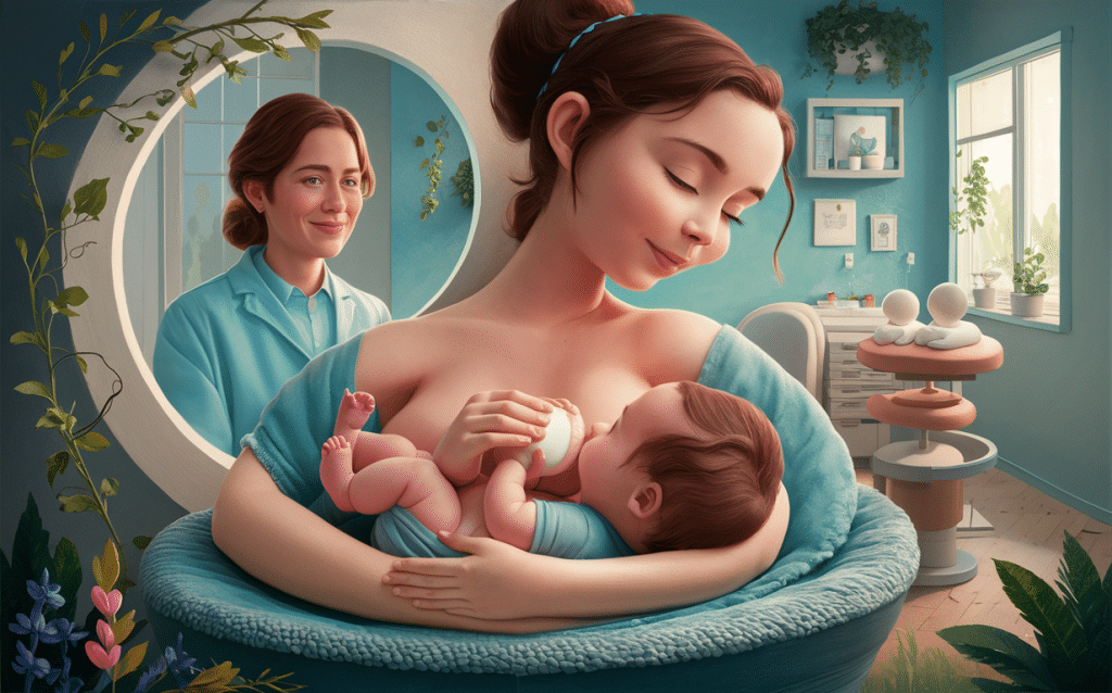 An illustration of a smiling new mother breastfeeding her baby, with her reflection visible in a round mirror showing her in a blue shirt, surrounded by vines and flowers.