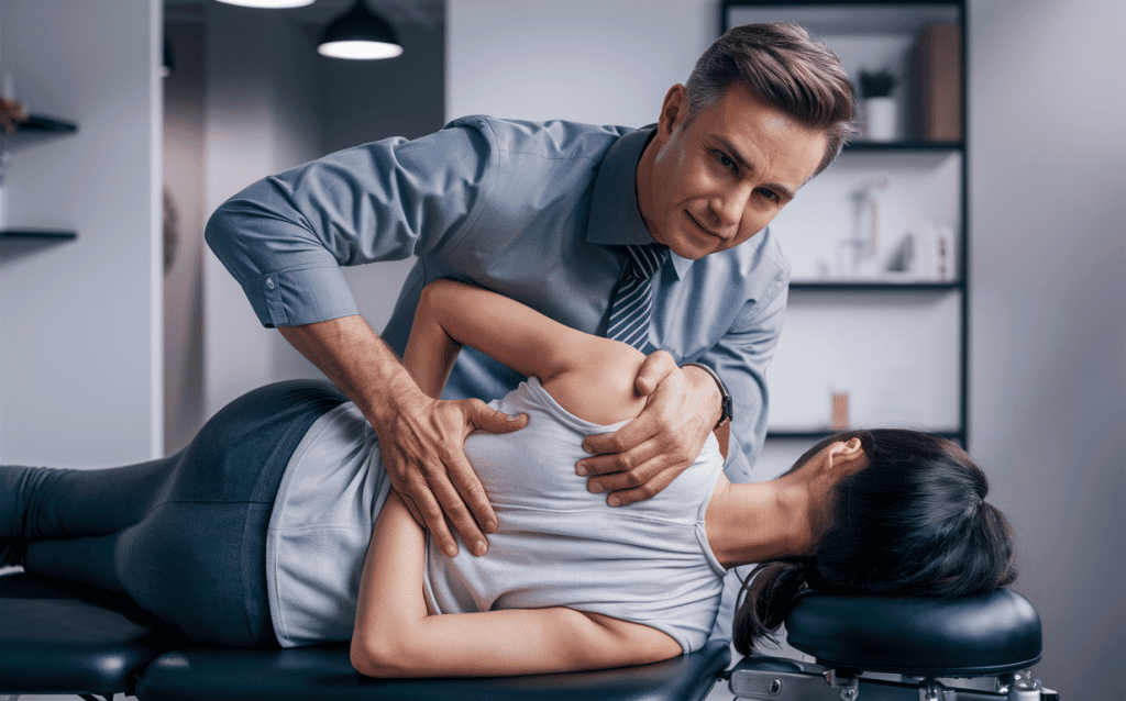 A chiropractor adjusting the spine of a patient lying on a treatment table in a clinical setting