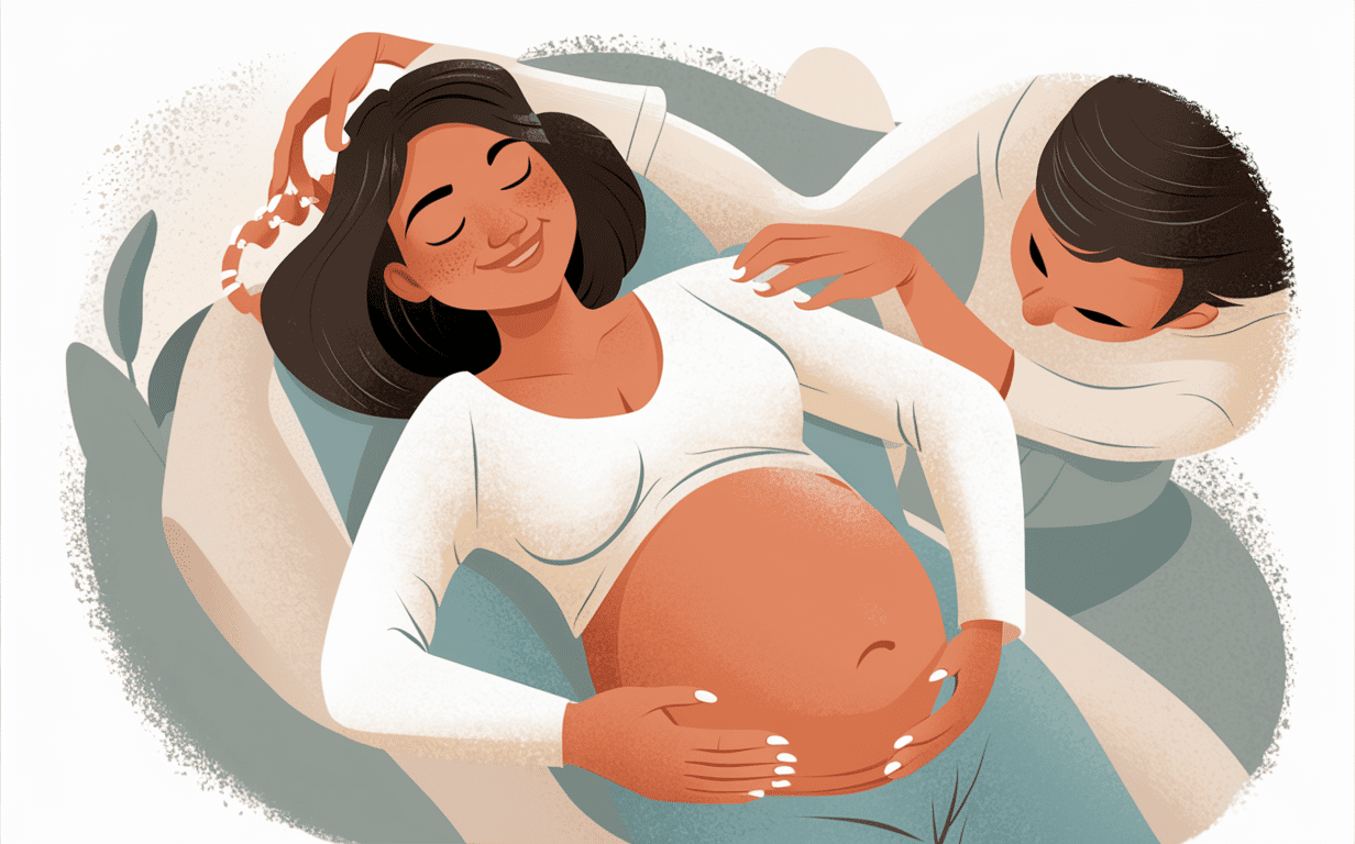 An illustration of a pregnant woman lying down as a chiropractor adjusts her body, with her partner supportively present, depicting preparation for labor and delivery through chiropractic care.