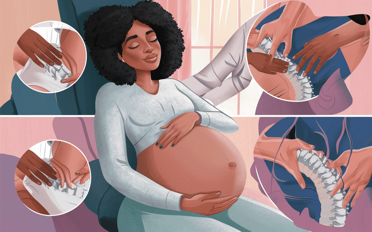 An illustration depicting a pregnant woman receiving chiropractic adjustments to help prepare her body for labor and delivery. The image shows close-up views of hands gently adjusting the woman's spine, pelvis, and other areas to ensure proper alignment and reduce discomfort during the childbirth process.